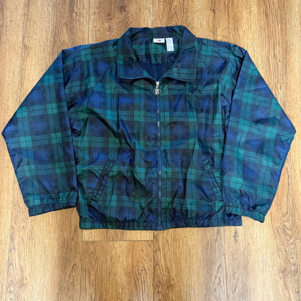 Vintage Jerzees Tartan Plaid Windbreaker Jacket Green Nylon Full Zip Mens L 90s